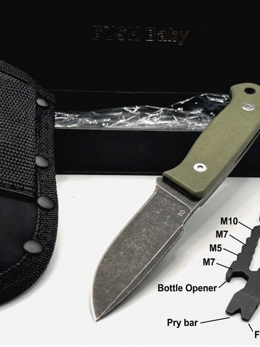 DOUBLE X KNIVES BUSH BABY KNIFE 2.75" D2 FIXED BLADE w/SHEATH + GTX MULTI-TOOL